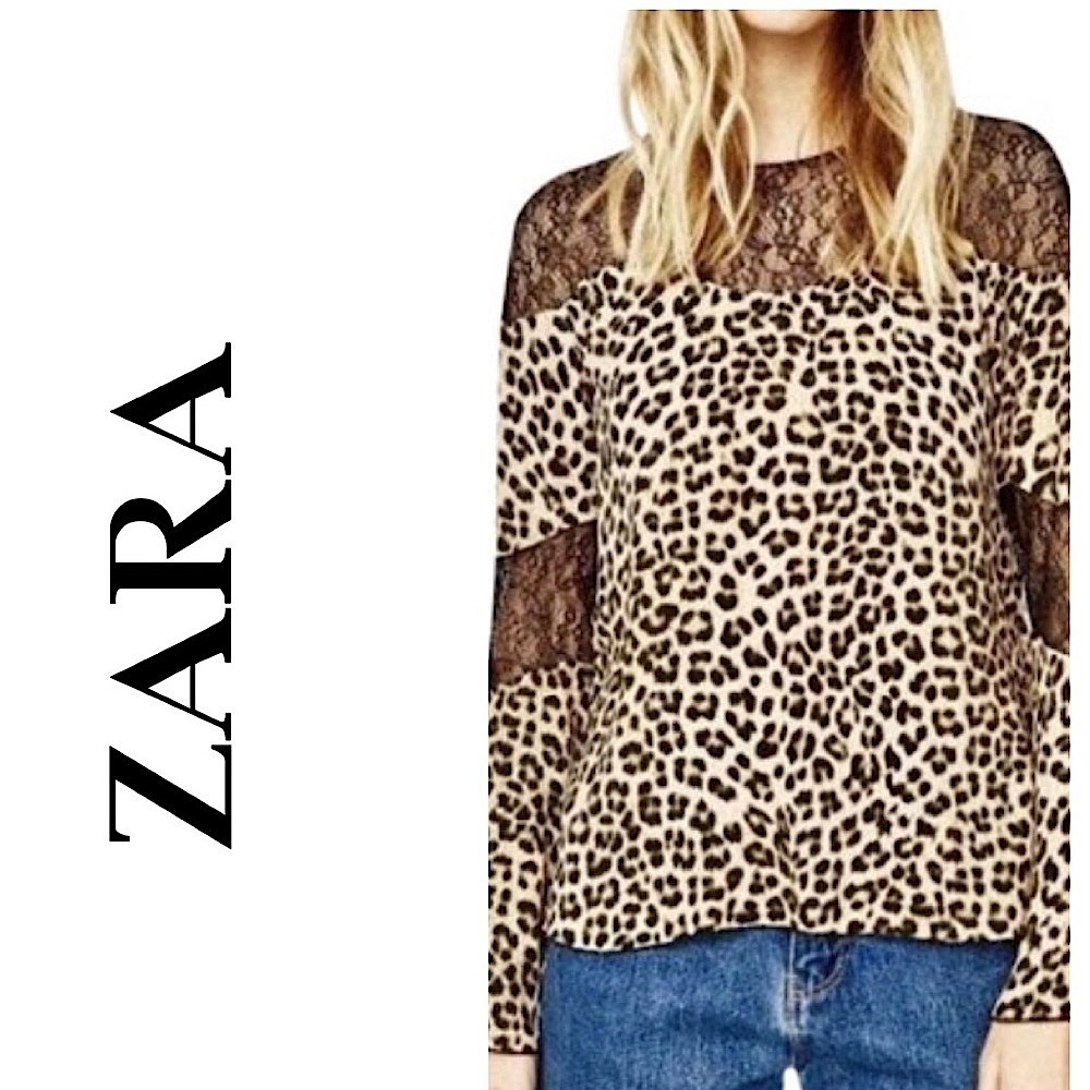 Zara Leopard Print & Black Lace Long Sleeve Top Lace Shoulders and Sleeve Insets